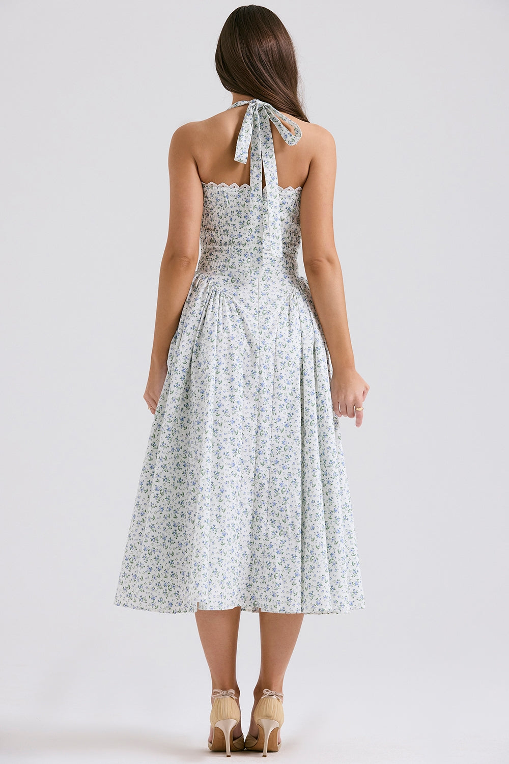 white bluebell print cotton halter sundress