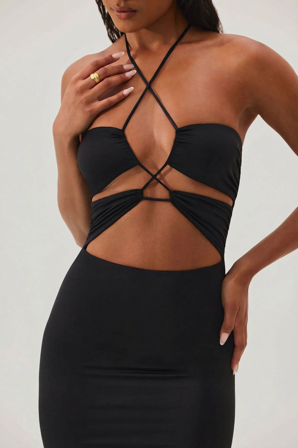 Cut Out Halter Neck Floor Length Maxi Dress in Black