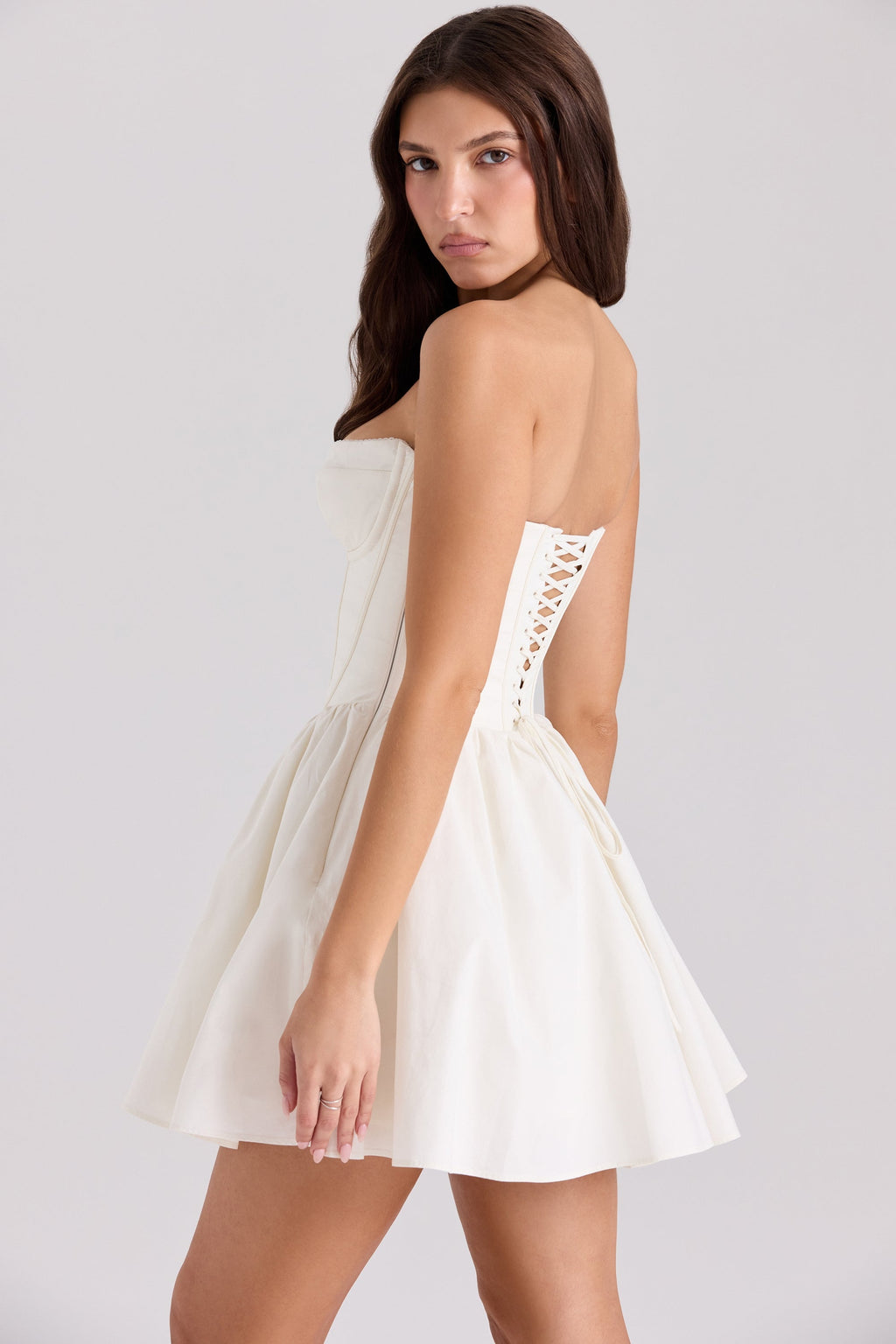 ivory cotton strapless corset mini dress