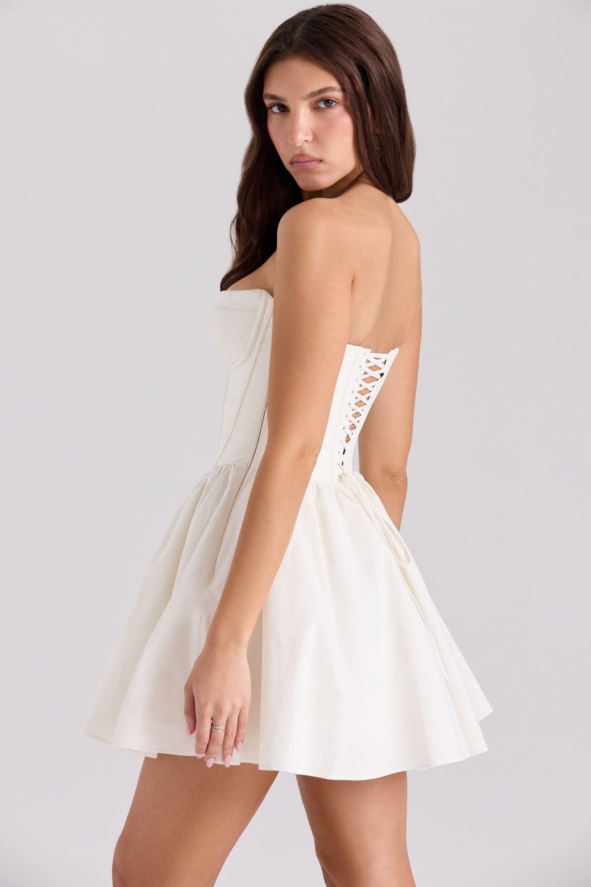 ivory cotton strapless corset mini dress