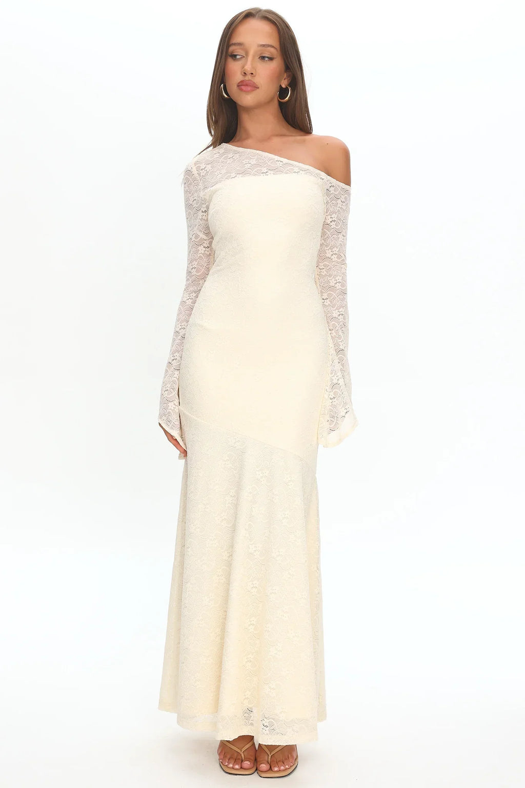 Lylah Asymmetric Neckline Long Sleeve Maxi Dress Lace Butter