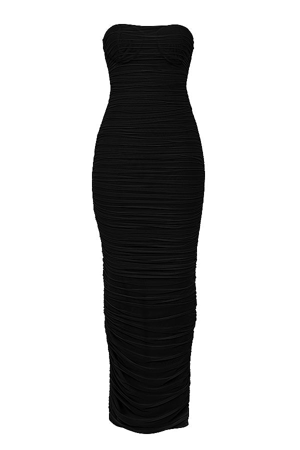 black mesh strapless maxi dress