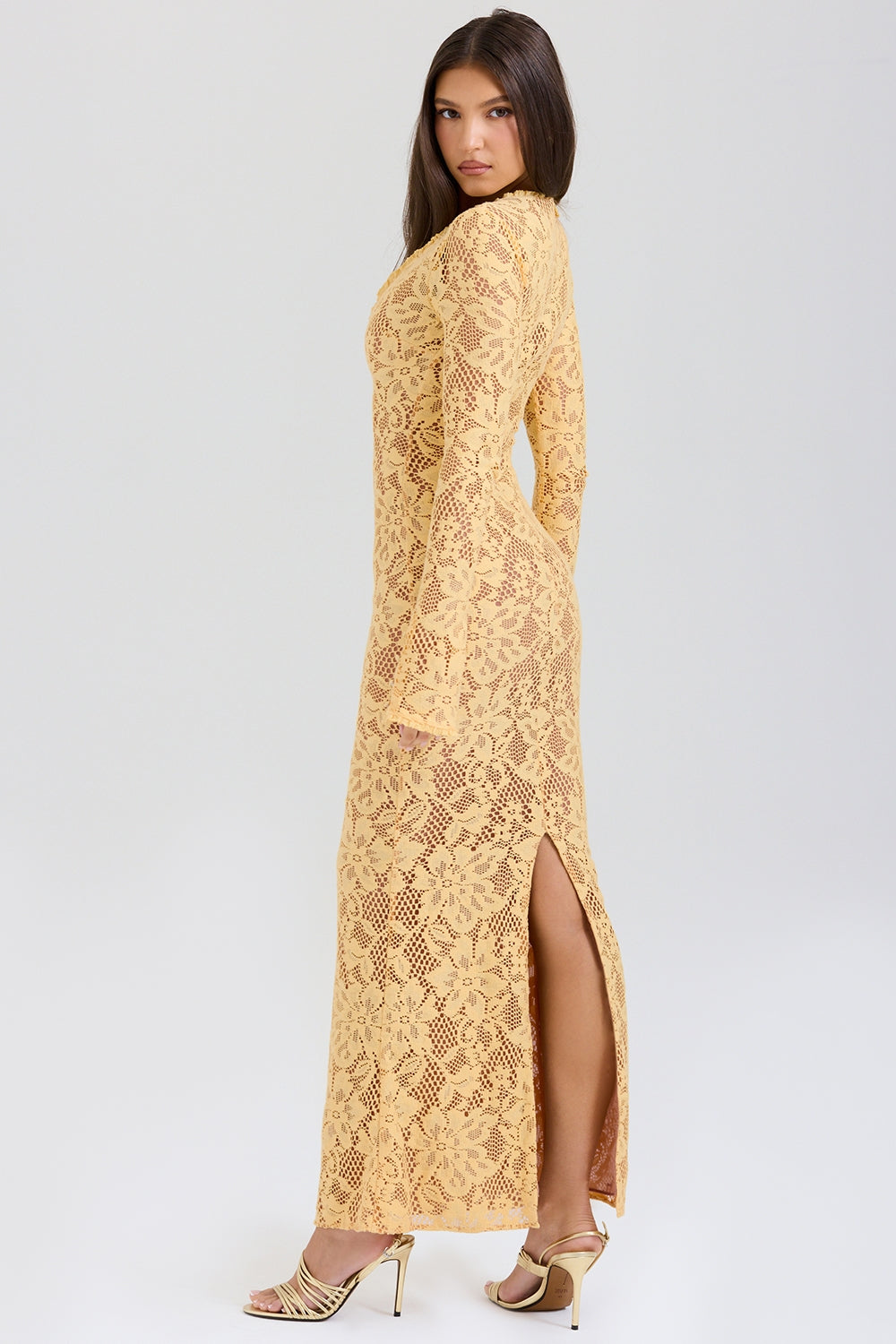 apricot plunge lace maxi dress