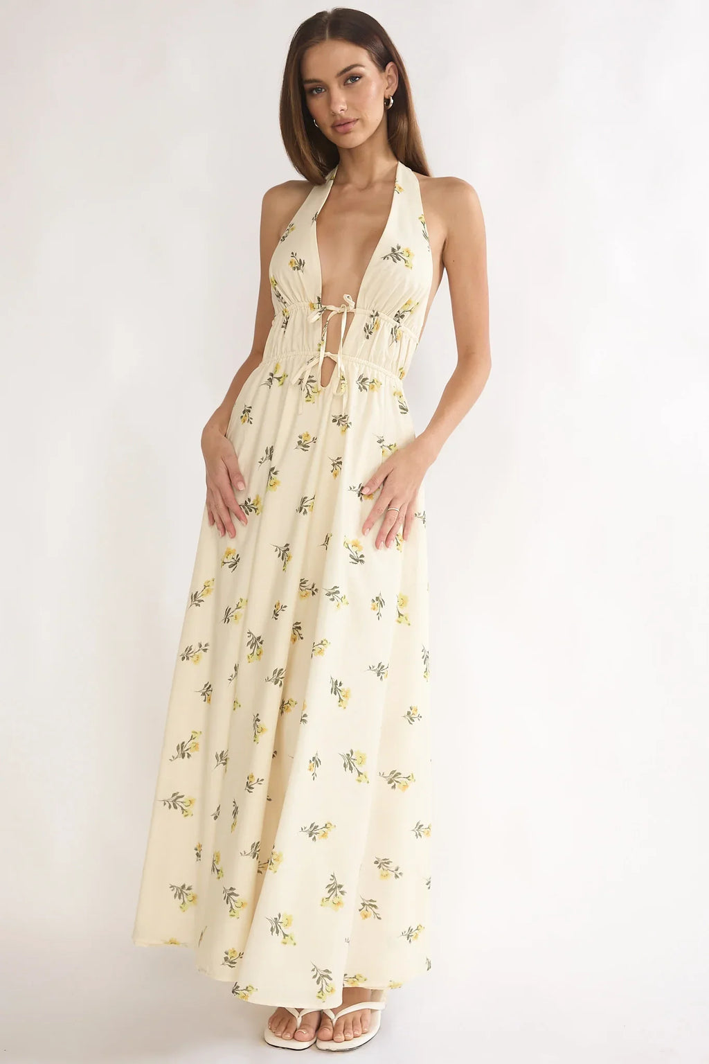 Under The Moons Tied Front Maxi Dress Floral Yellow