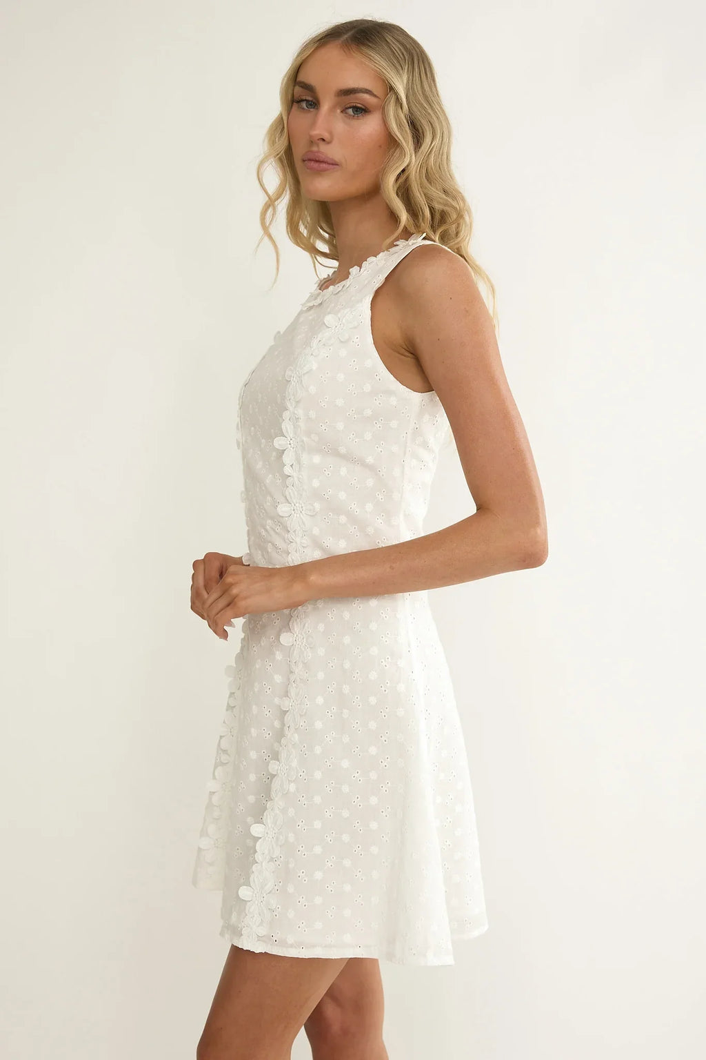 Jessamine Floral Applique Eyelet Mini Dress Off White