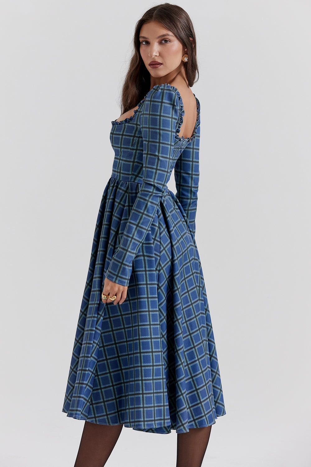 blue tartan midi dress