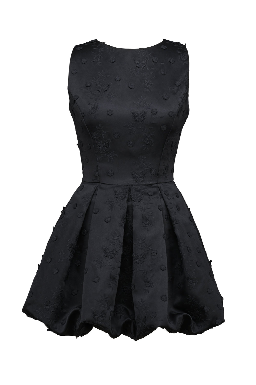 black backless embroidered mini puffball dress