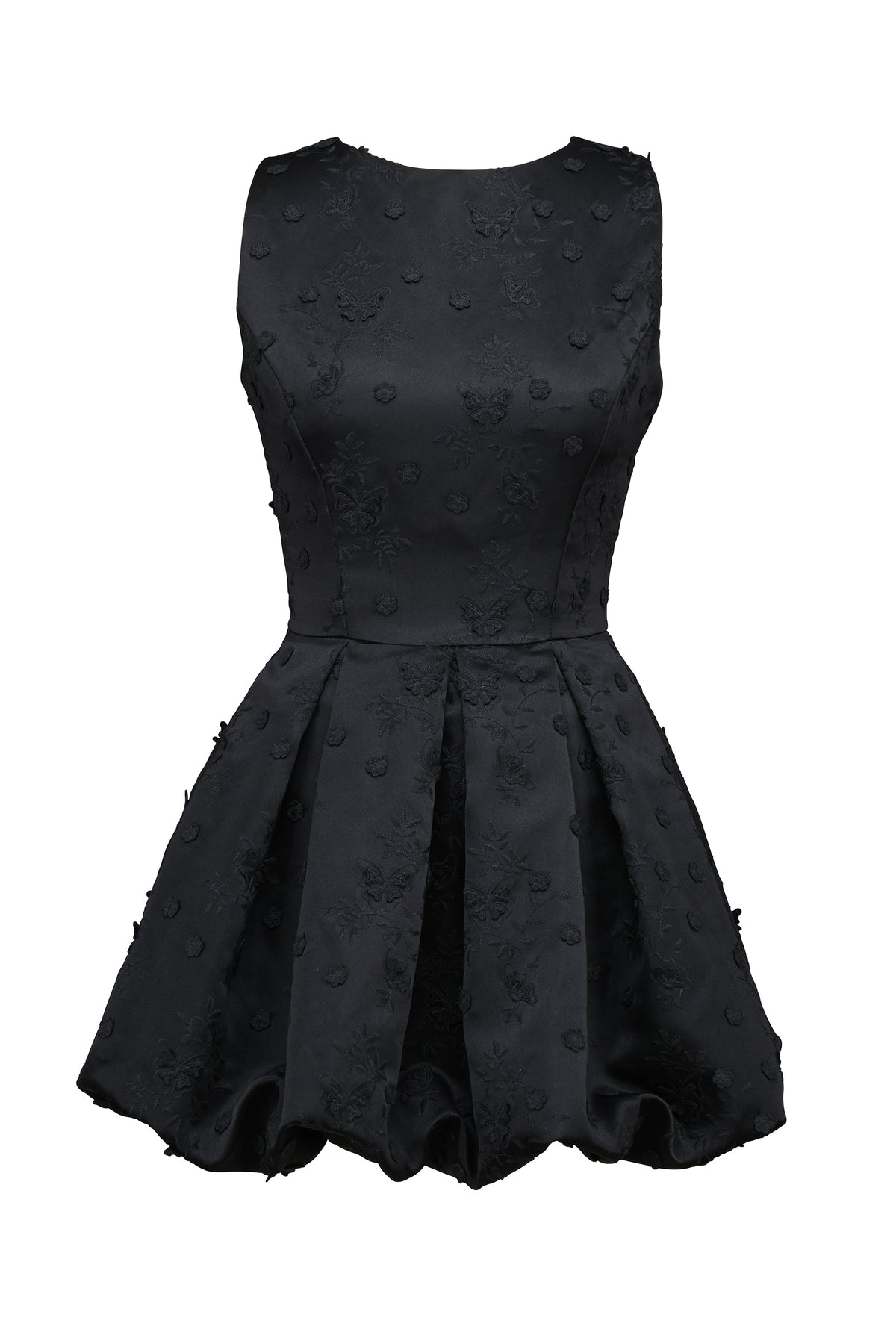 black backless embroidered mini puffball dress