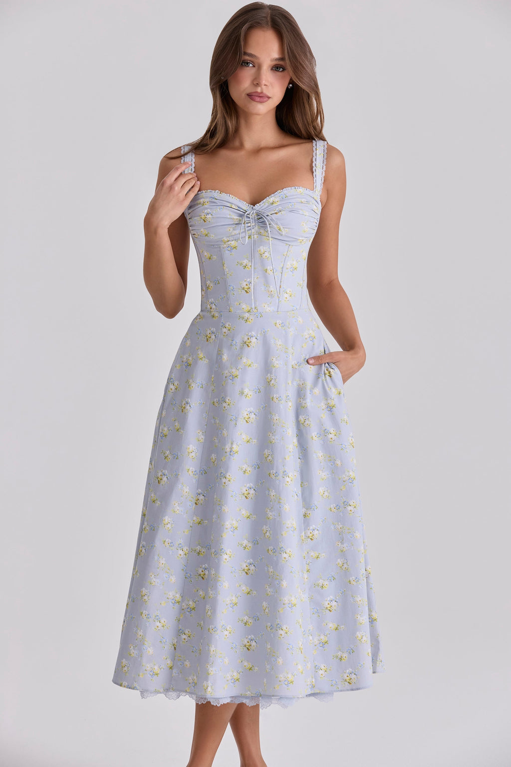 blue wildflower floral print midi dress