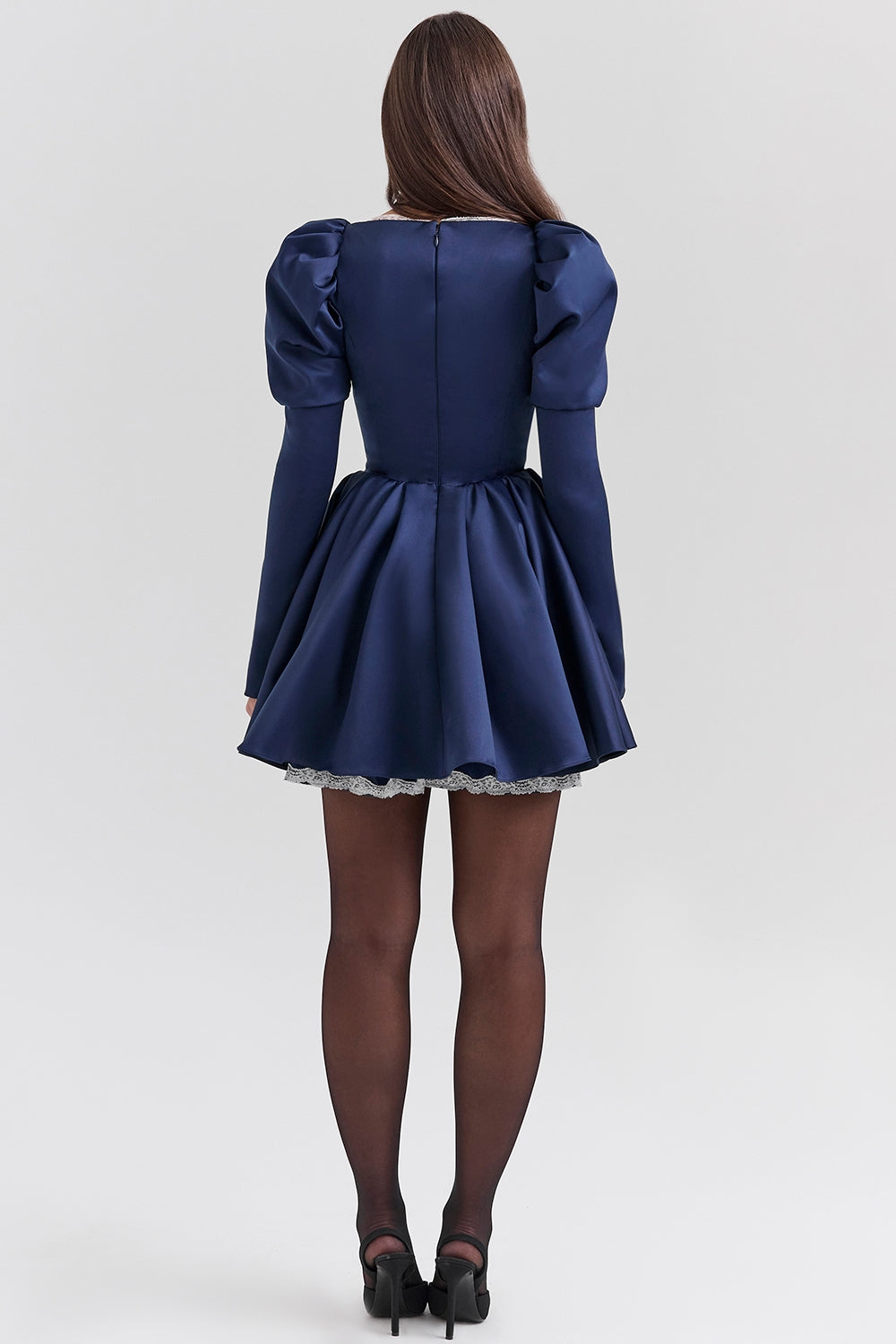 midnight satin puff sleeve mini dress - sale