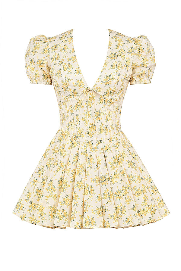 buttercup vintage floral print pleated cotton mini dress