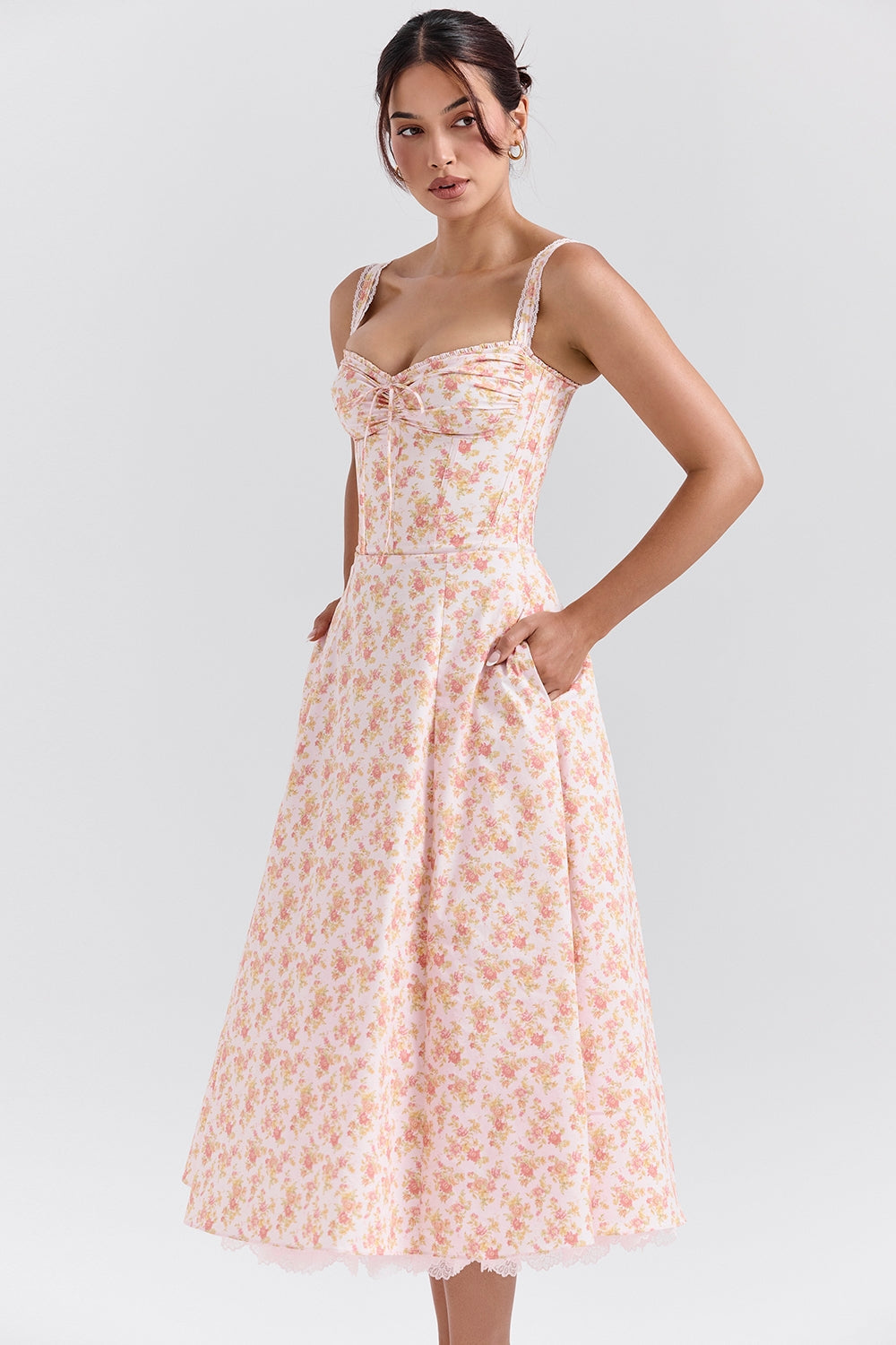 peach poppy print cotton bustier sundress