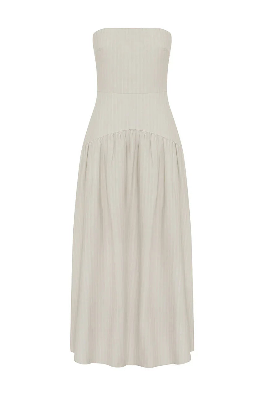HEATHER MIDI DRESS - STONE PINSTRIPE