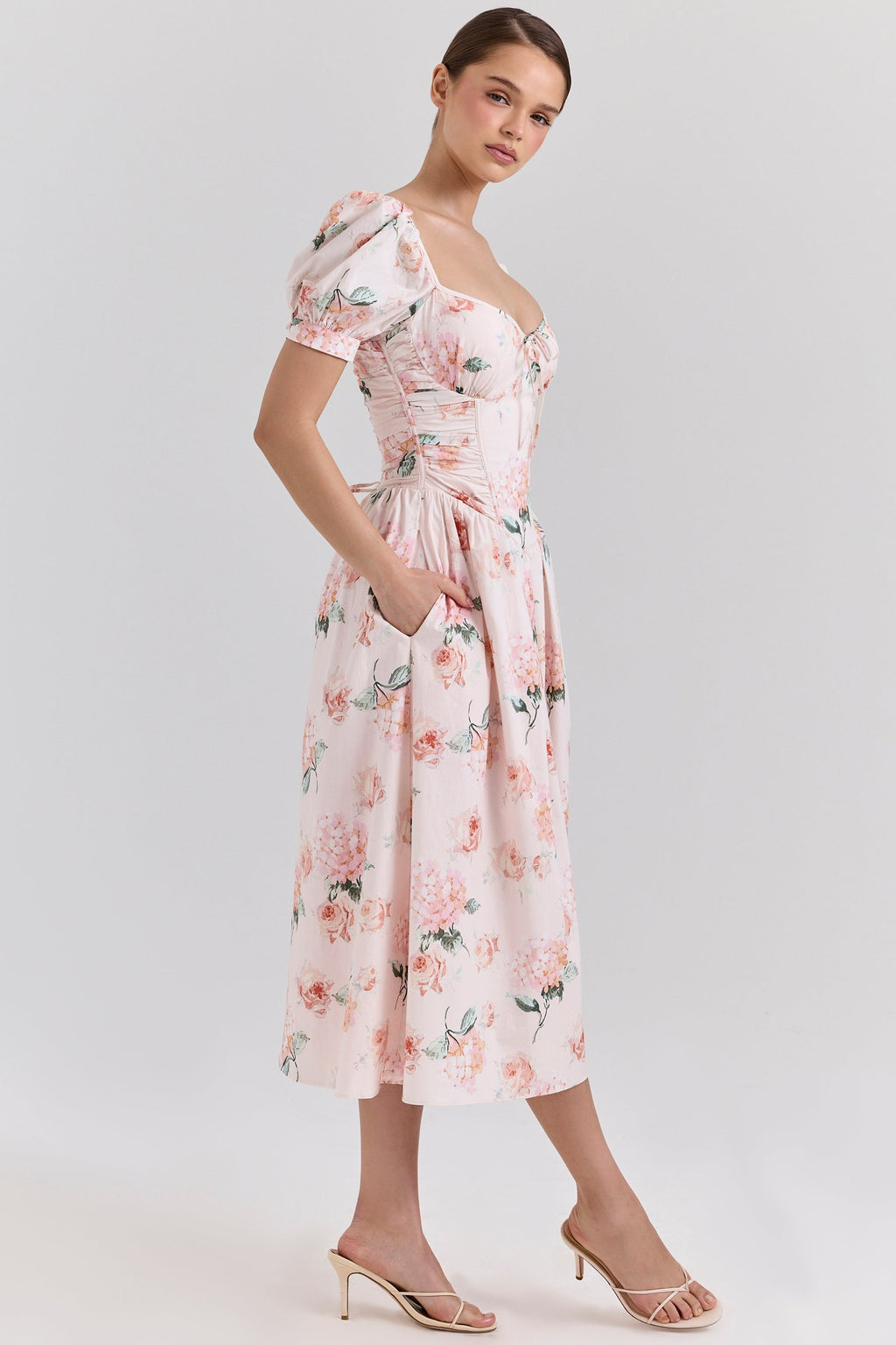 peach floral cotton puff sleeve midi dress