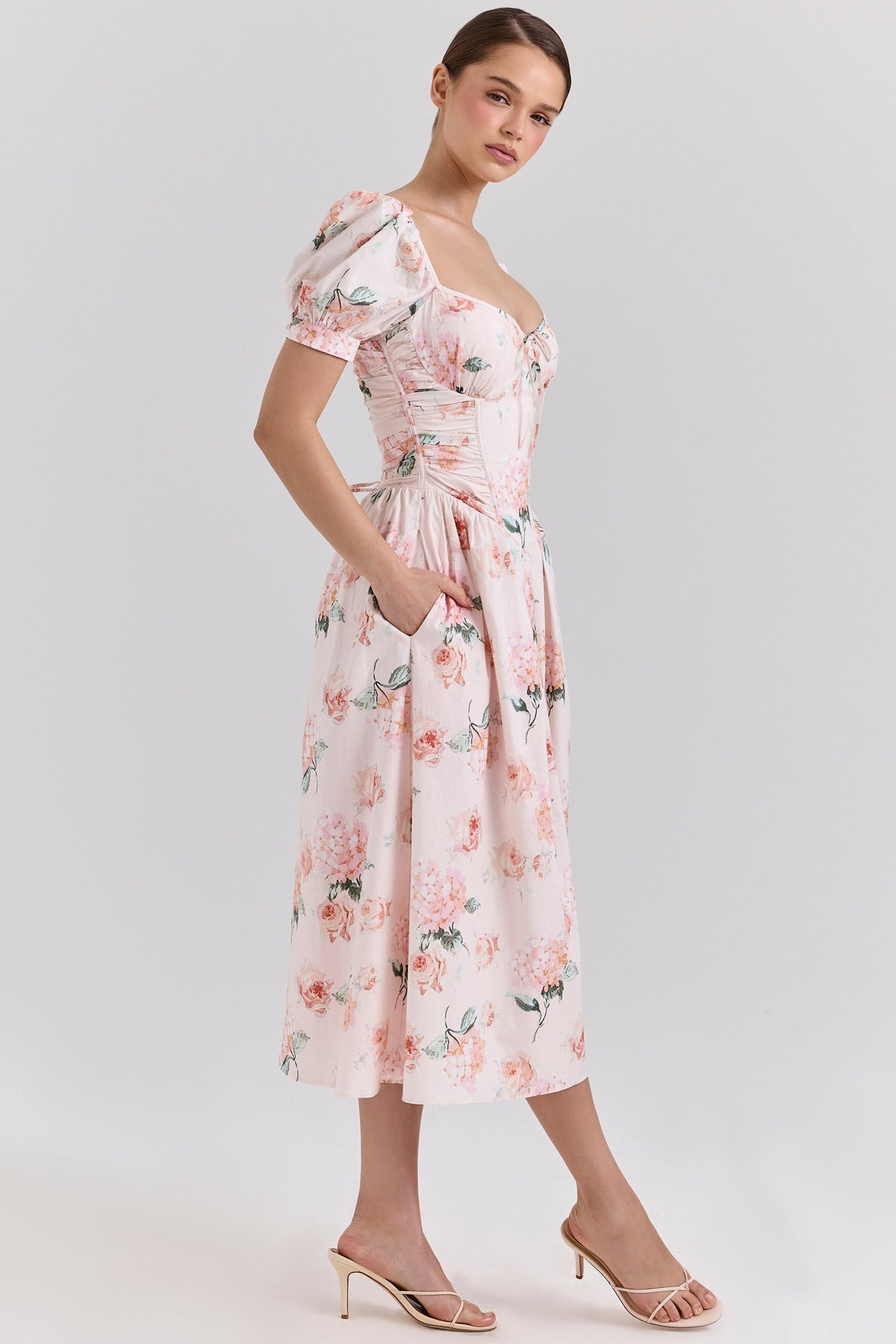 peach floral cotton puff sleeve midi dress
