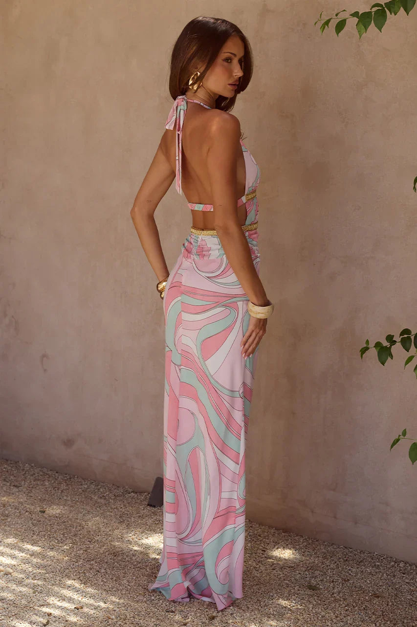 XYLIA HALTER LOW PLUNGE MAXI DRESS - CAMINO PINK