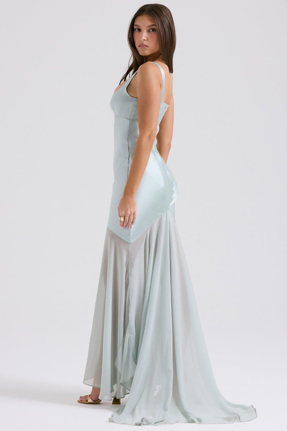 pistachio chiffon floor length gown