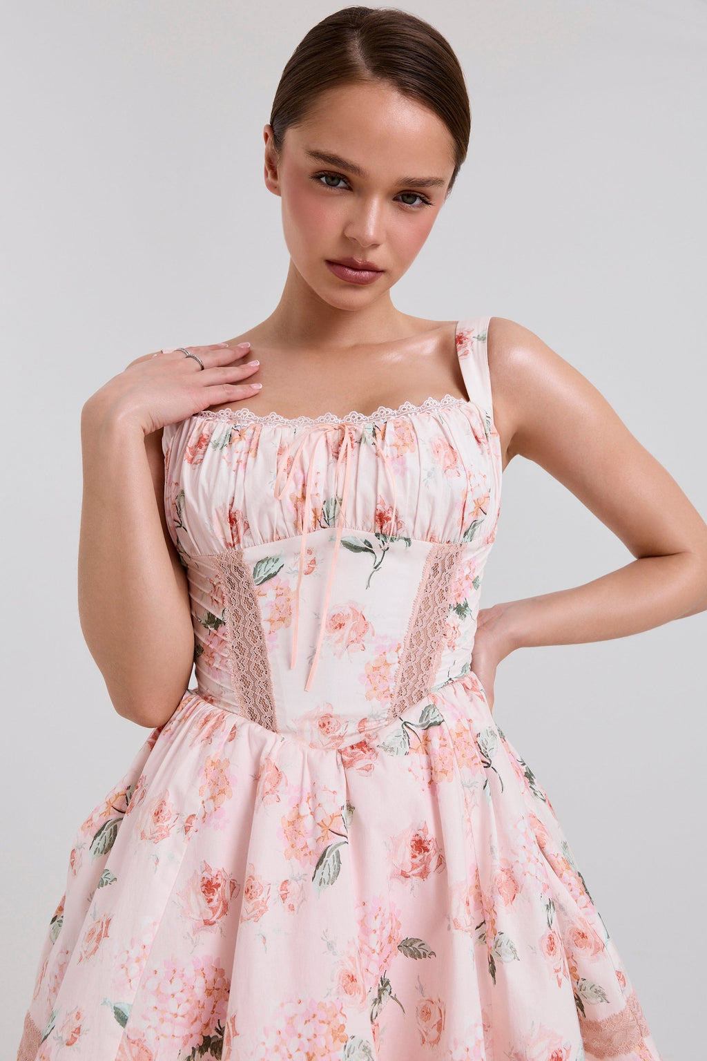 peach floral rose print cotton mini dress