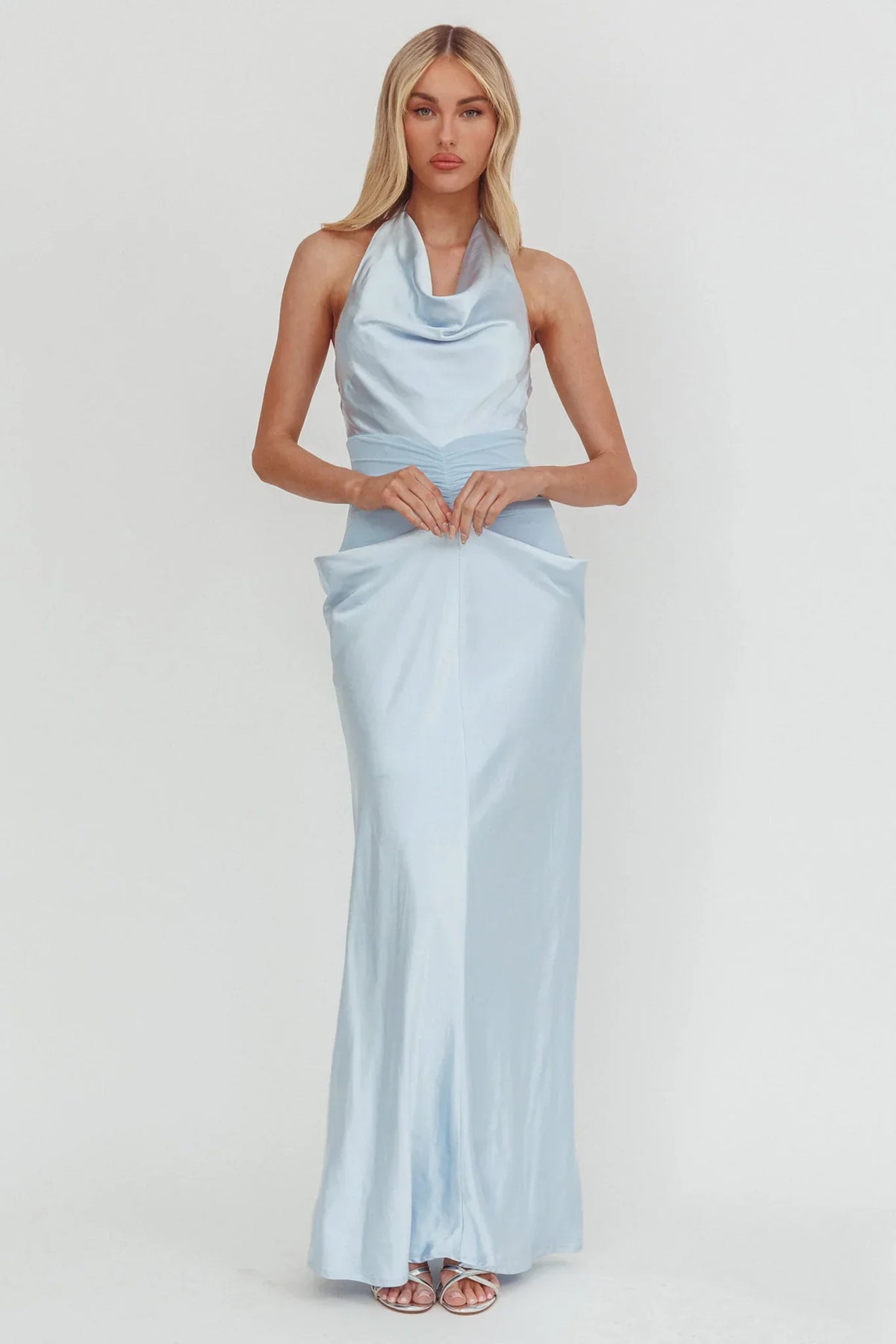 Zynthia Cowl Neck Ruched Waist Maxi Dress Ice Blue