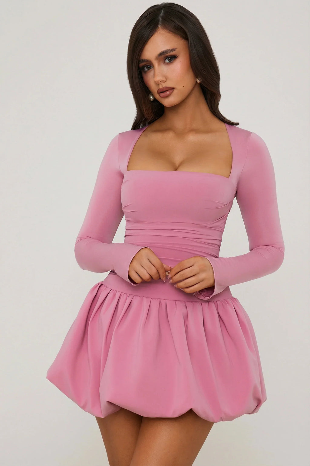 Long-Sleeve Bubble Hem Mini Dress in Mauve