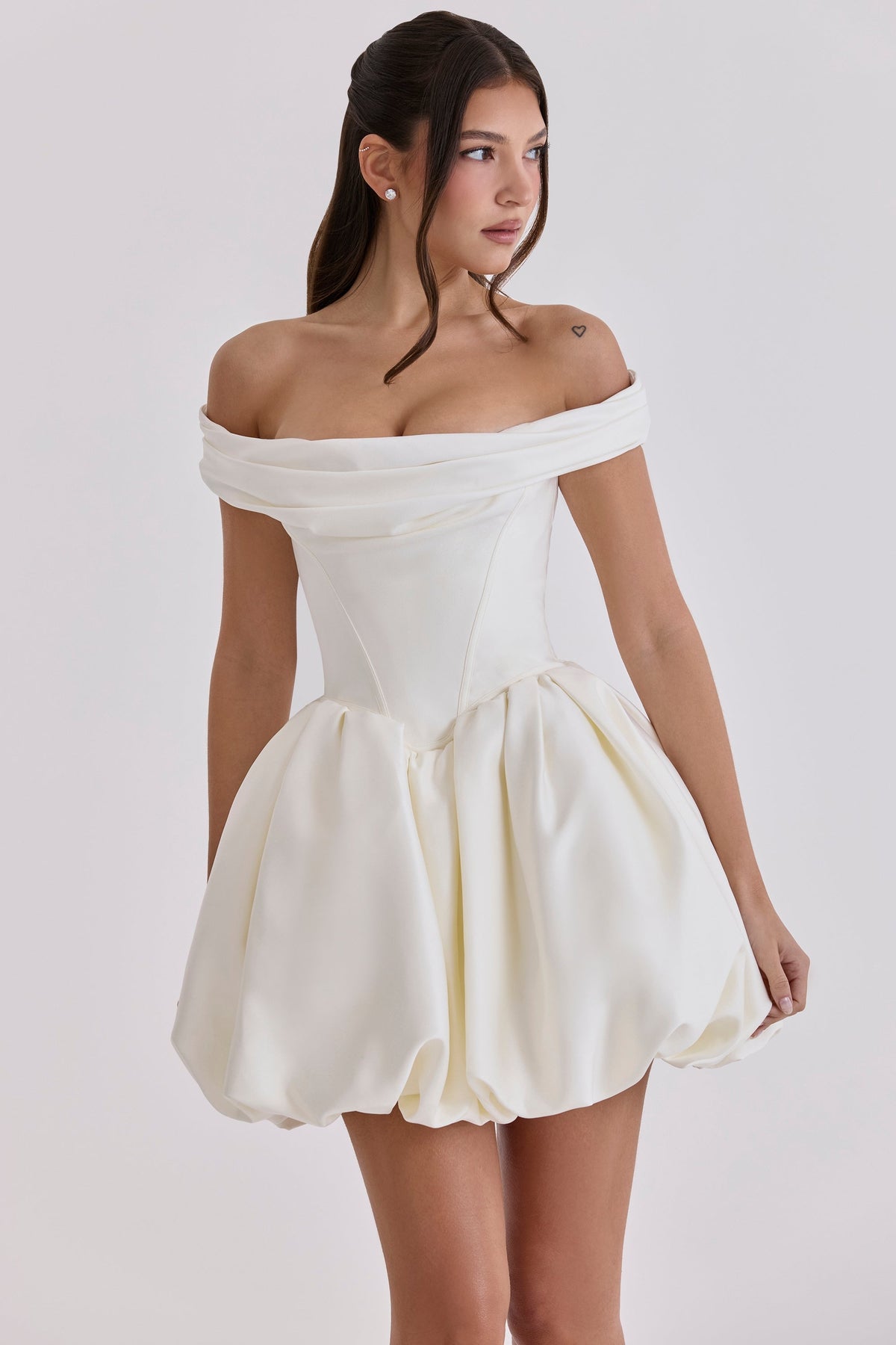 ivory satin off shoulder mini bridal gown