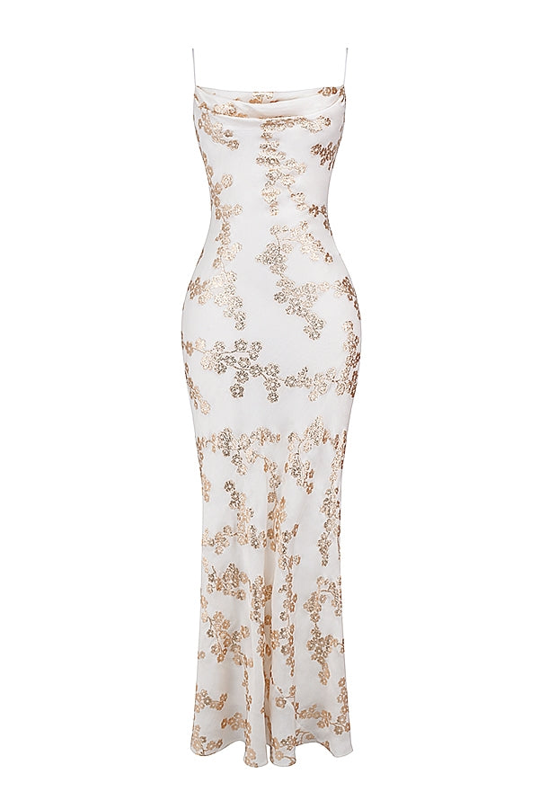 white & gold jacquard satin gown