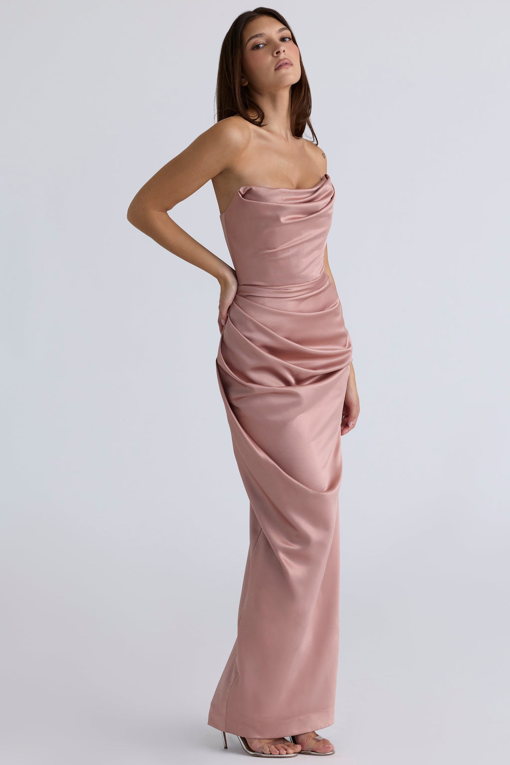 blush satin strapless gown