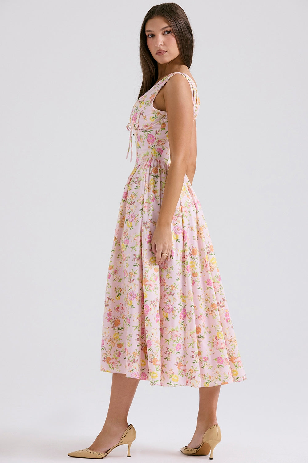 pink meadow print cotton corset sundress