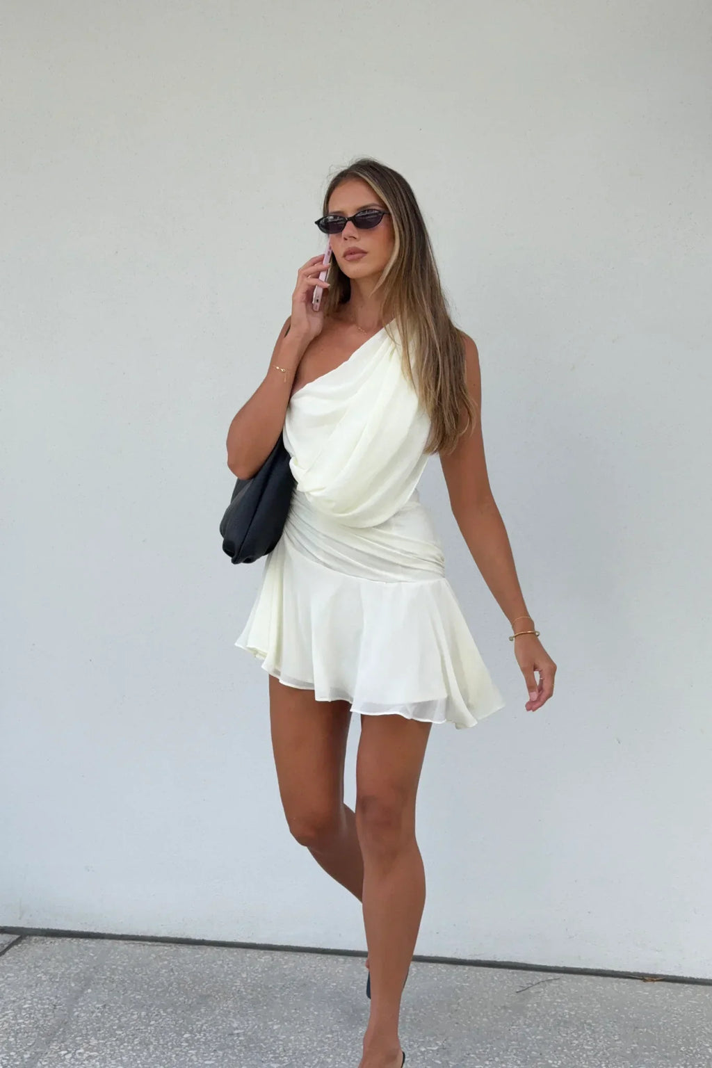 Anaisa One-Shoulder Draped Mini Dress Cream