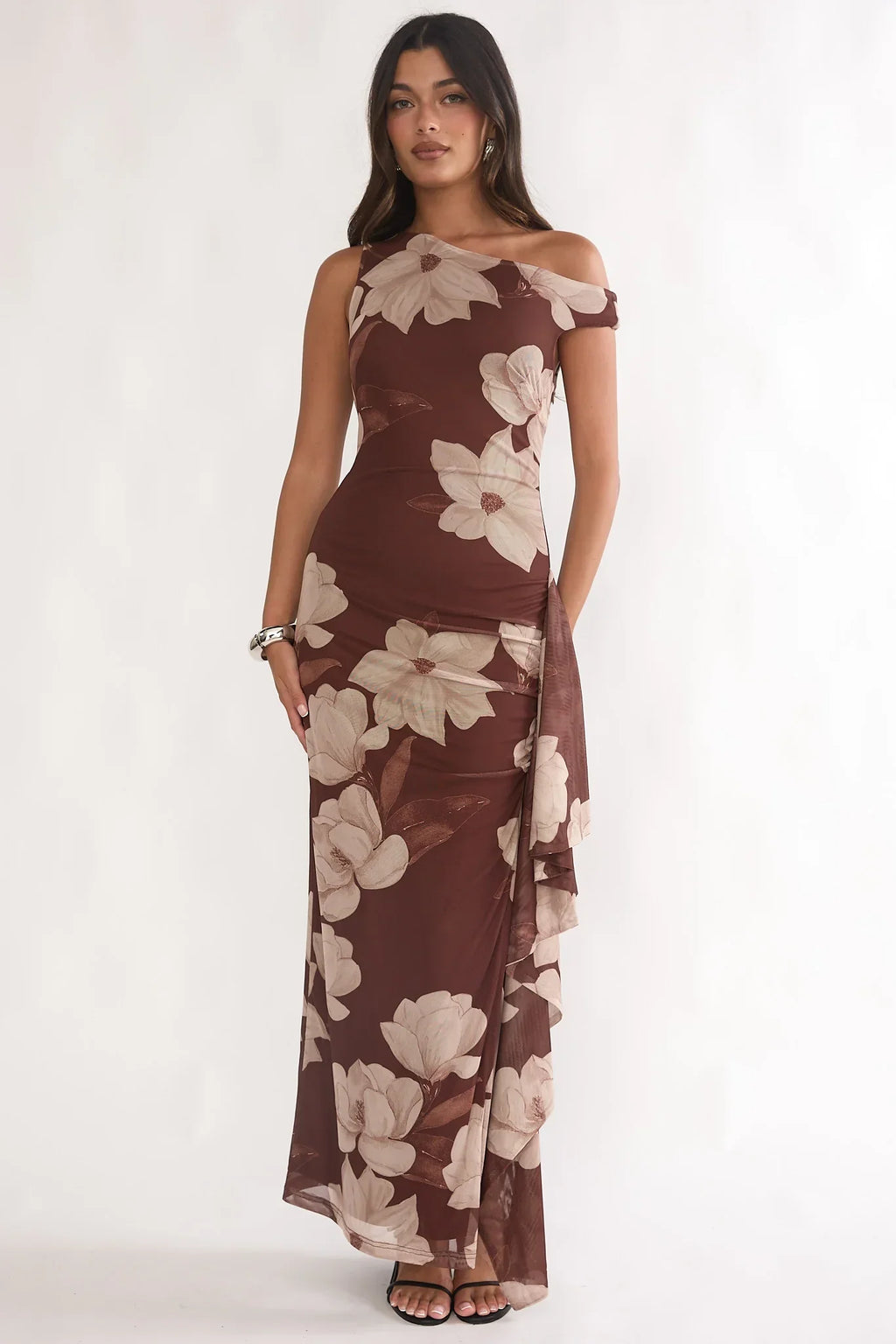 Raphaella Asymmetric Neckline Split Maxi Dress Magnolia Brown