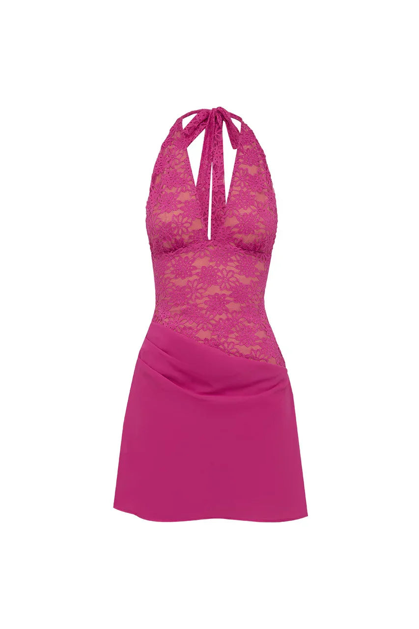 LINA HALTER DRAPED MINI DRESS - BERRY
