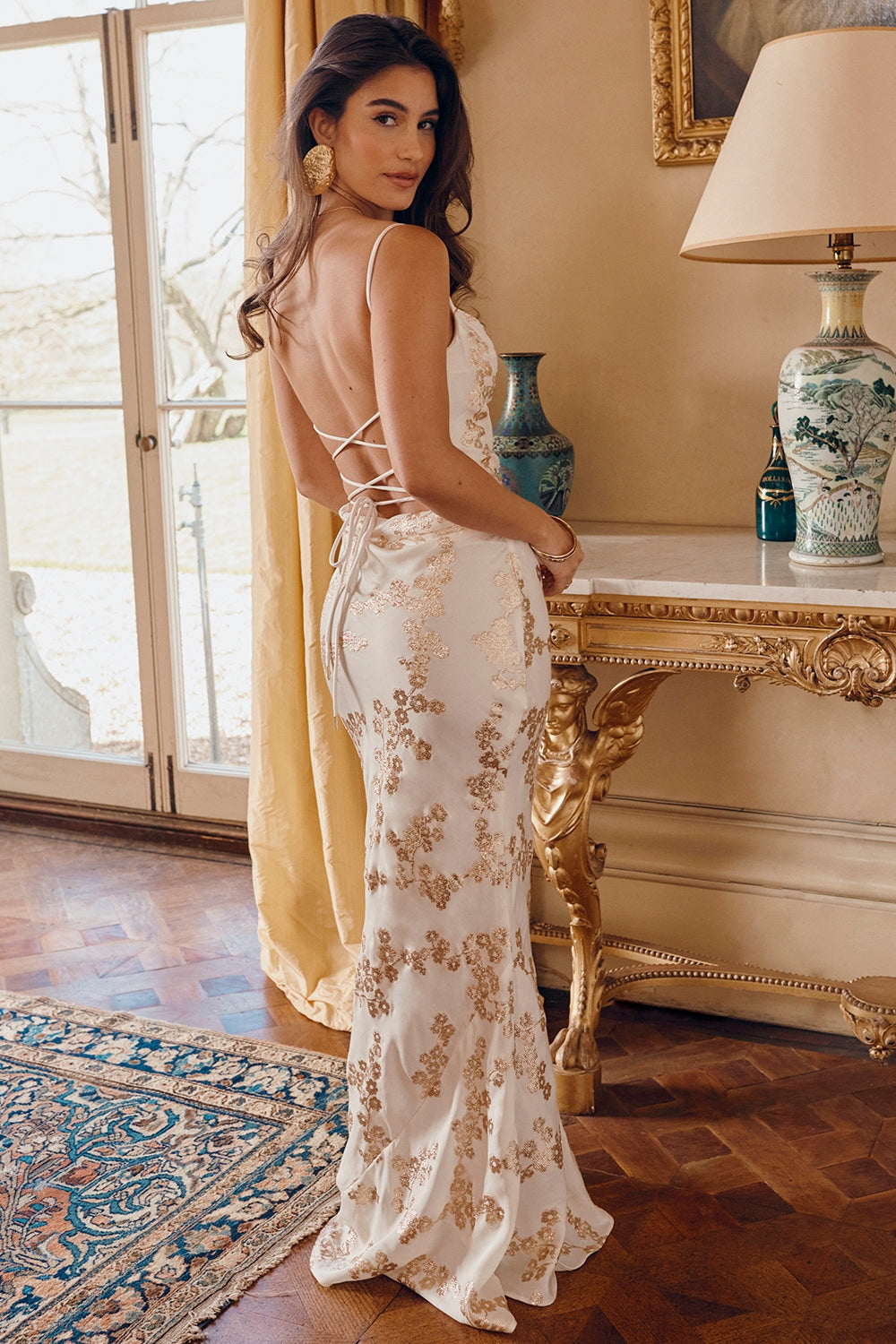 white & gold jacquard satin gown