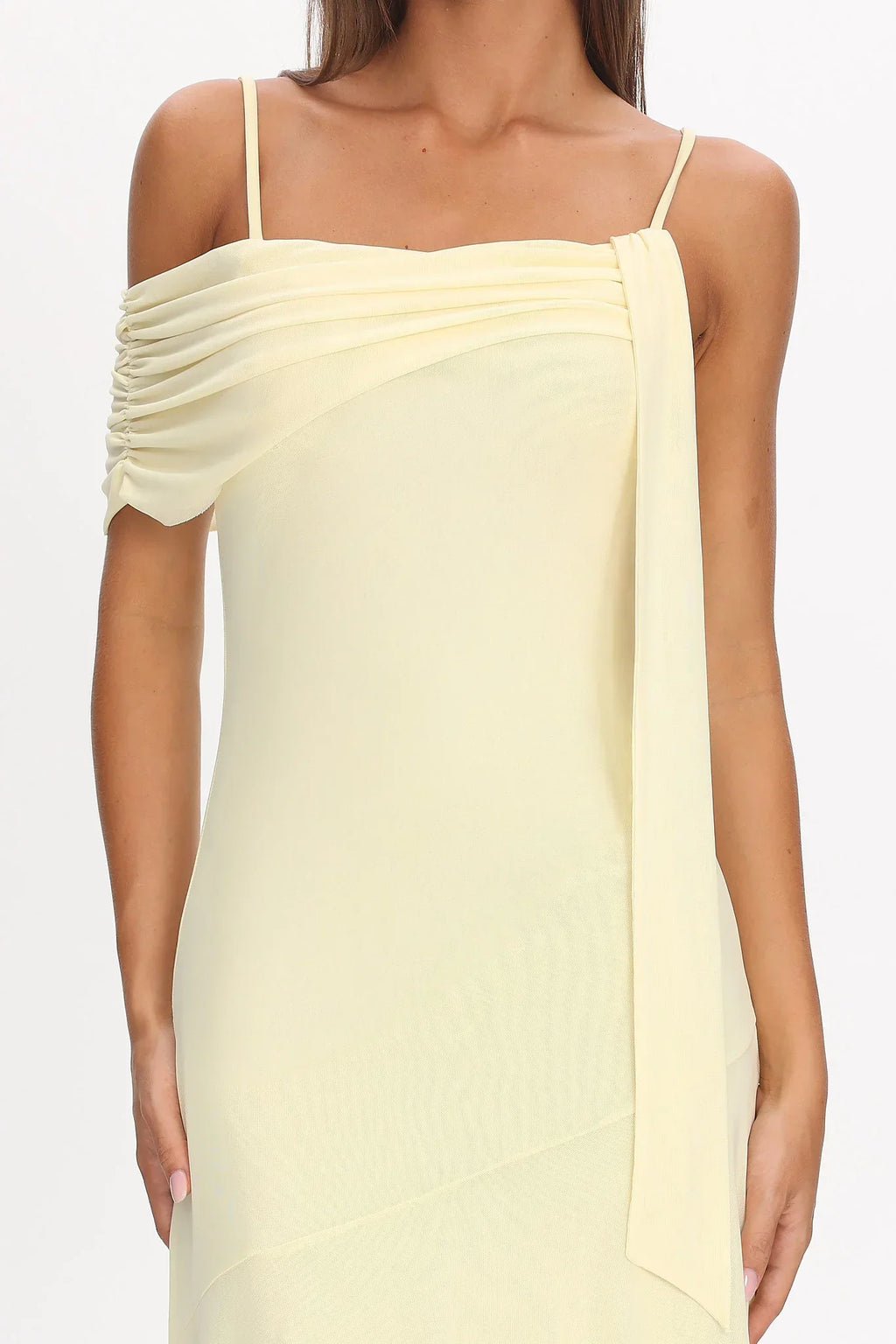 Millitah Asymmetric Hem Mesh Maxi Dress Butter