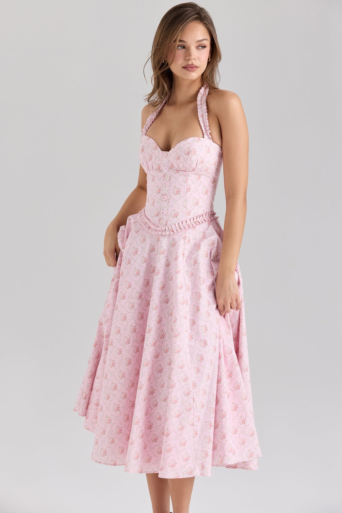 pink rose print stretch cotton halter neck midi dress