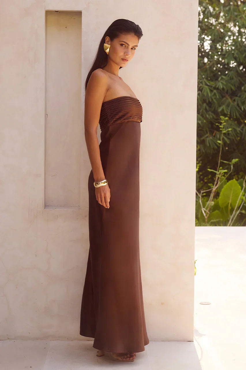 ELSA STRAPLESS SCARF MAXI DRESS - CHOCOLATE