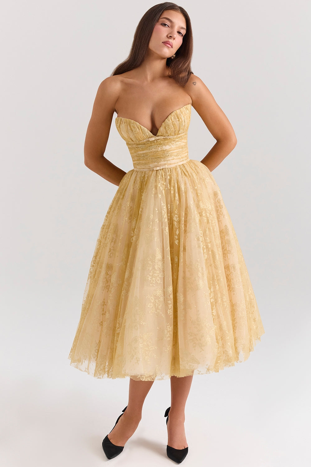 gold metallic lace tulle midi gown