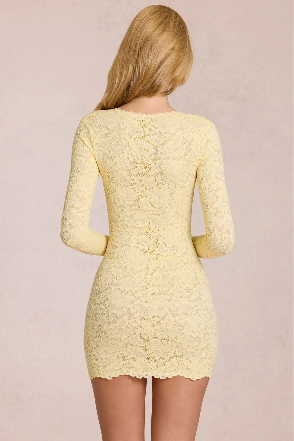 Scalloped-Lace Long-Sleeve Mini Dress in Lemon Yellow