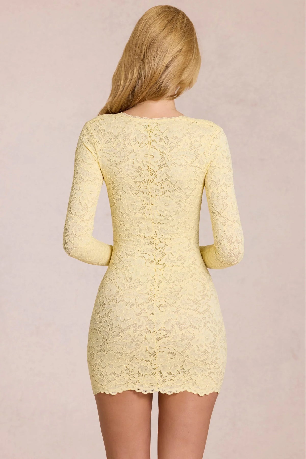 Scalloped-Lace Long-Sleeve Mini Dress in Lemon Yellow