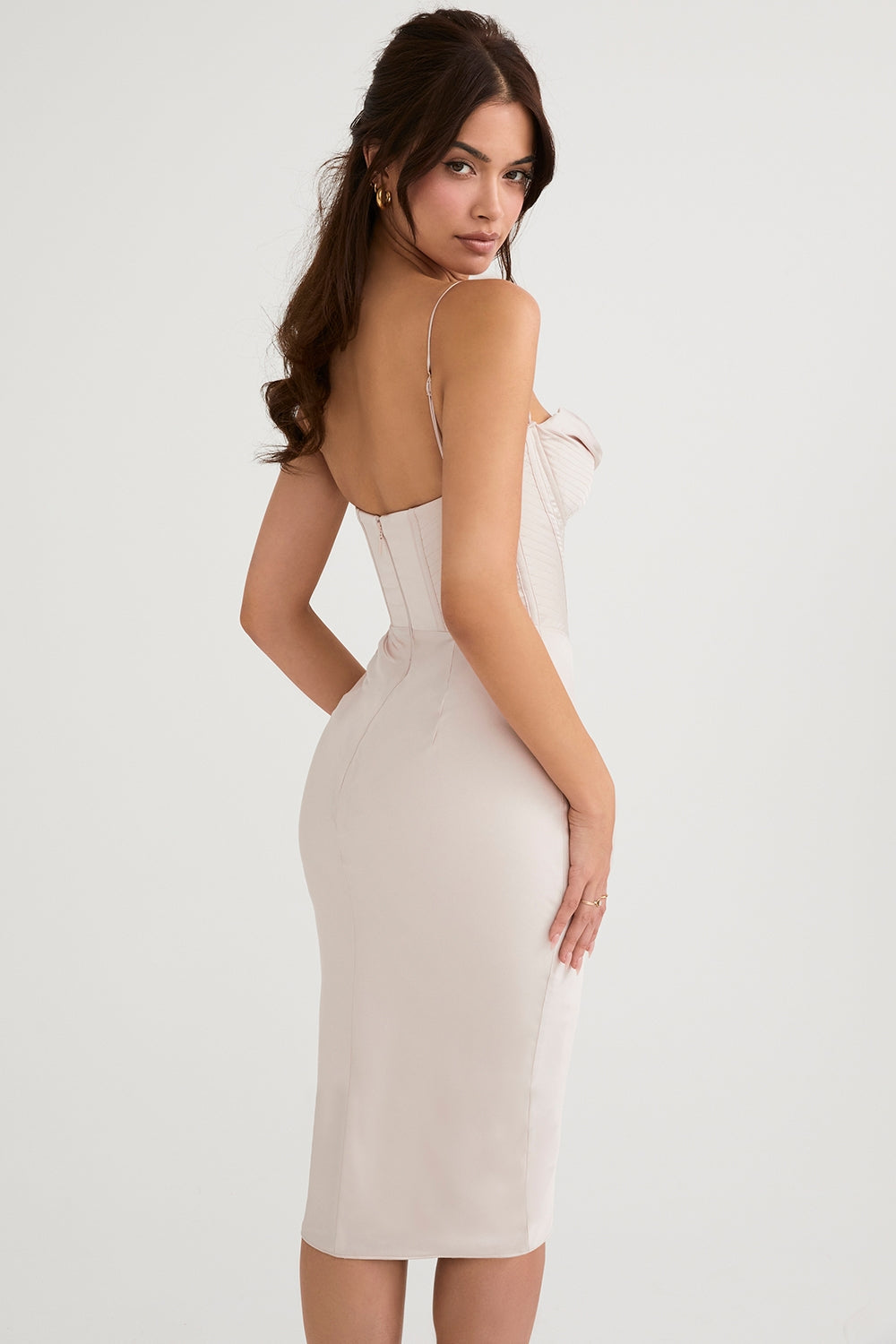 crystal satin corset midi dress