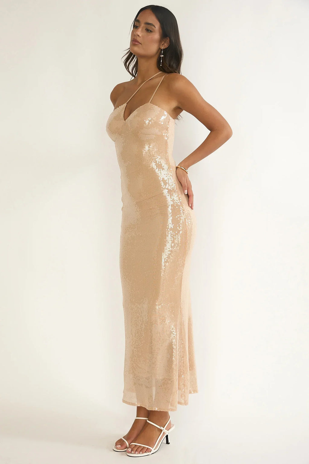 Roselyn One-Shoulder Sequin Maxi Dress Latte