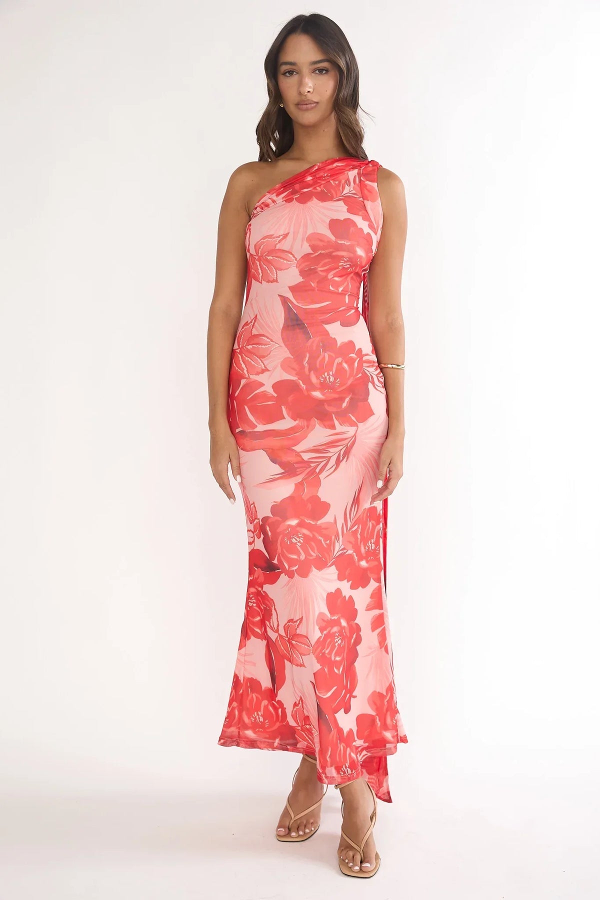 Ilyse Neck Scarf One-Shoulder Maxi Dress Floral Red