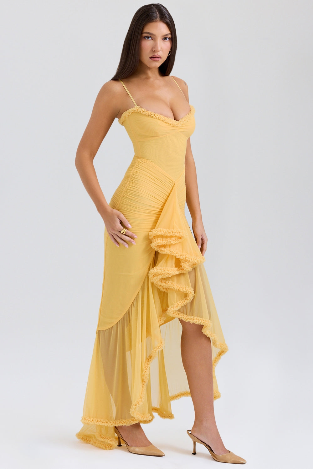 apricot ruffled front gown