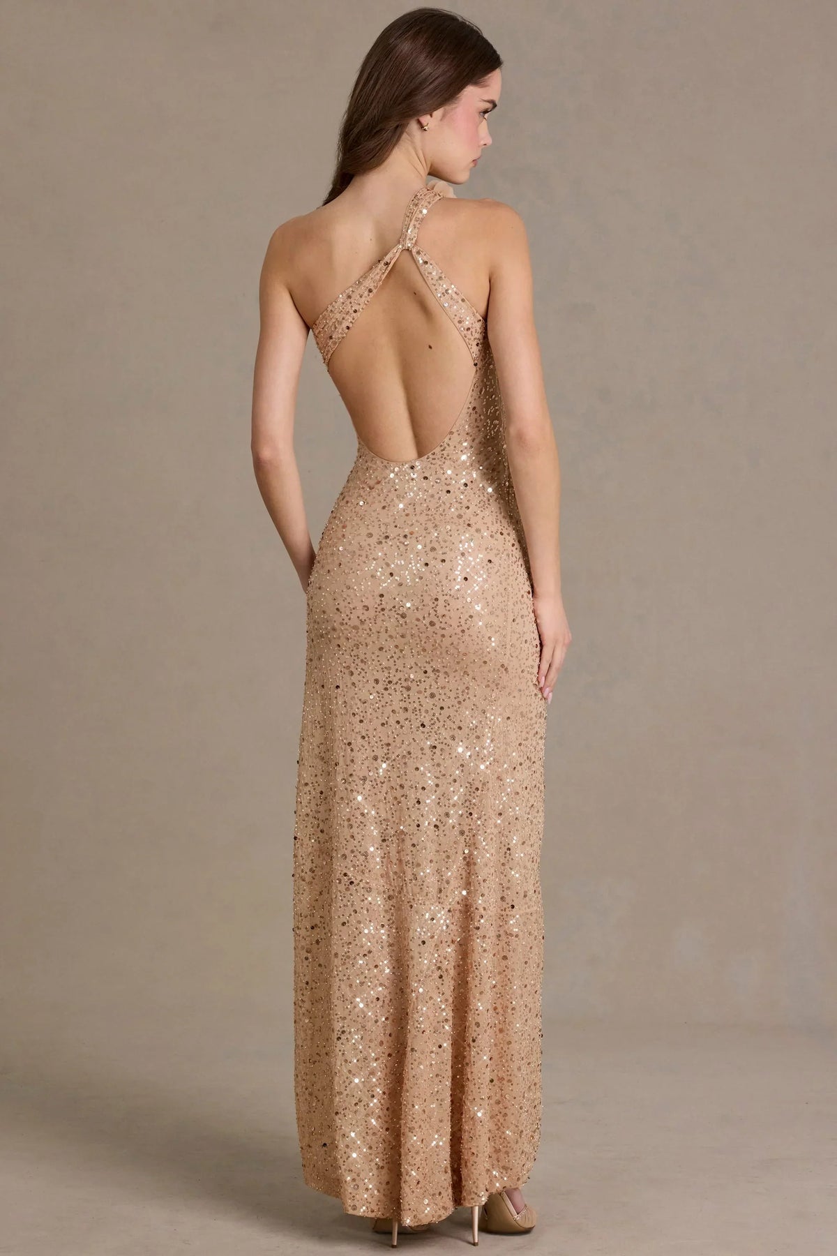 Embellished Asymmetric One-Shoulder Maxi Dress in Beige Gold