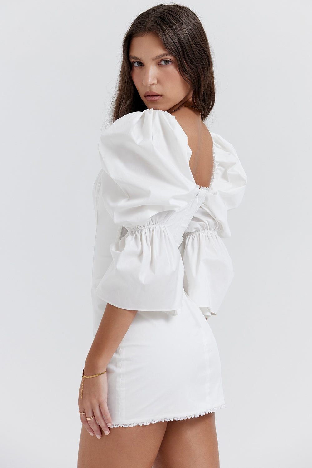 white puff sleeve corset dress
