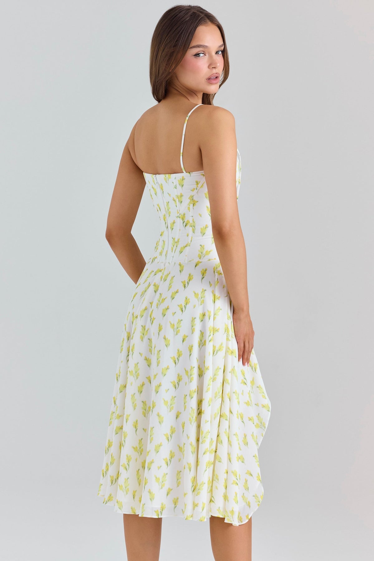 lemon floral print georgette midi dress