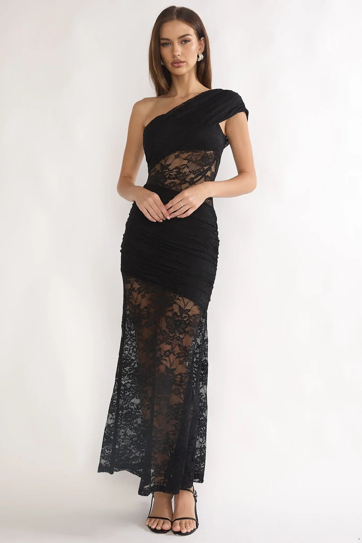 Gala One-Shoulder Maxi Dress Lace Black