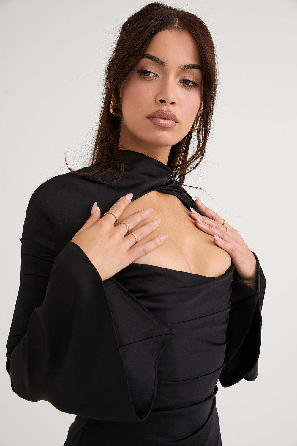 black draped corset dress