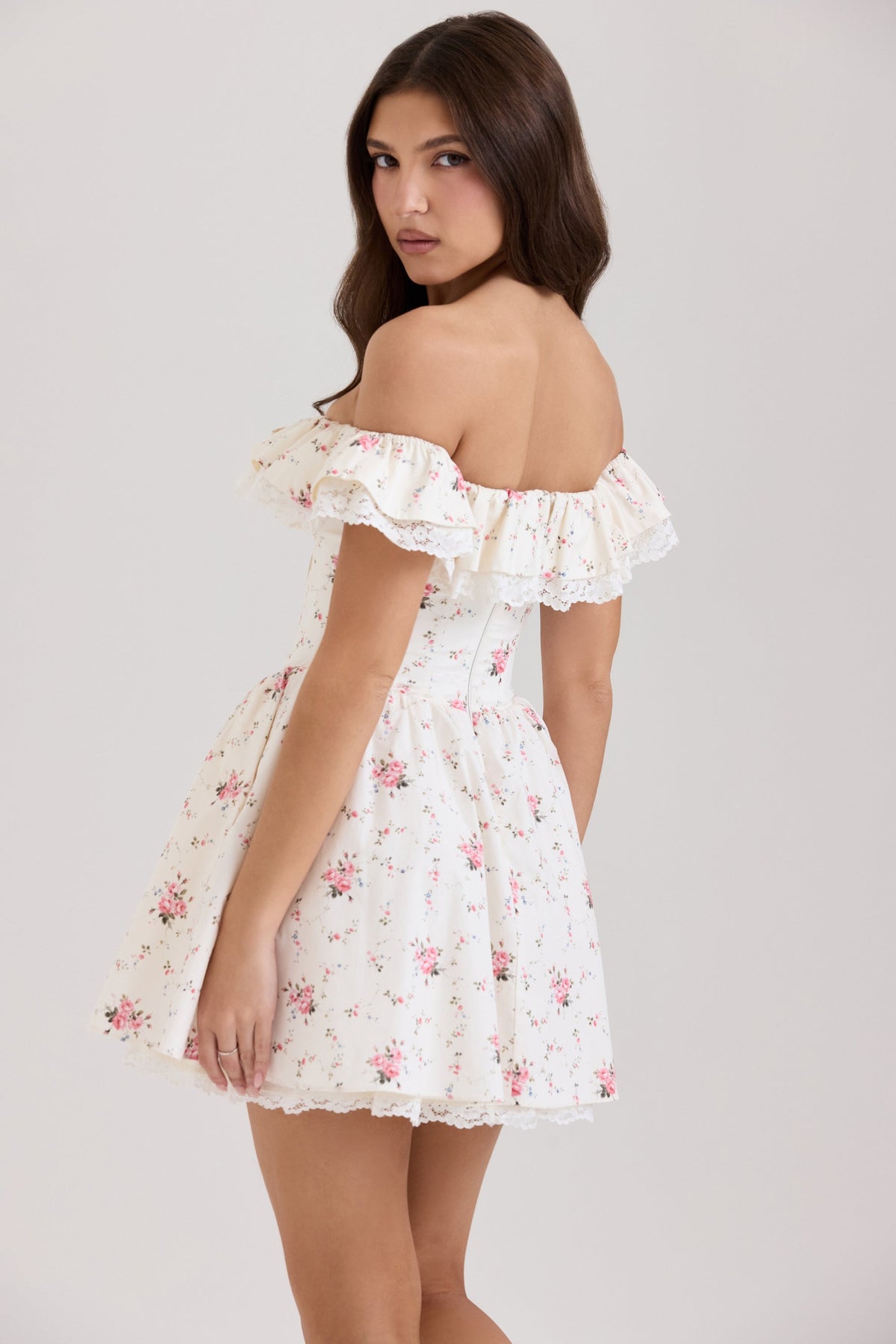 stretch cotton floral print off shoulder corset mini dress