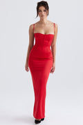 red satin corset maxi dress