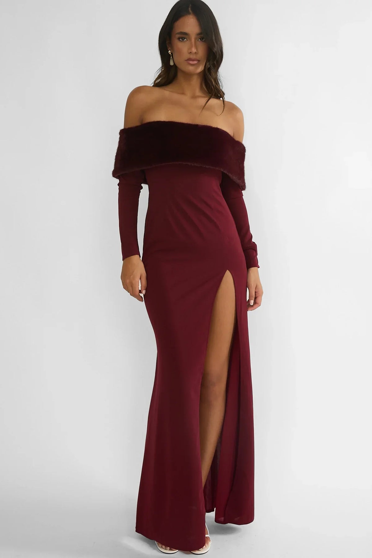 Noella Off-Shoulder Fur Trim Maxi Dress Wine